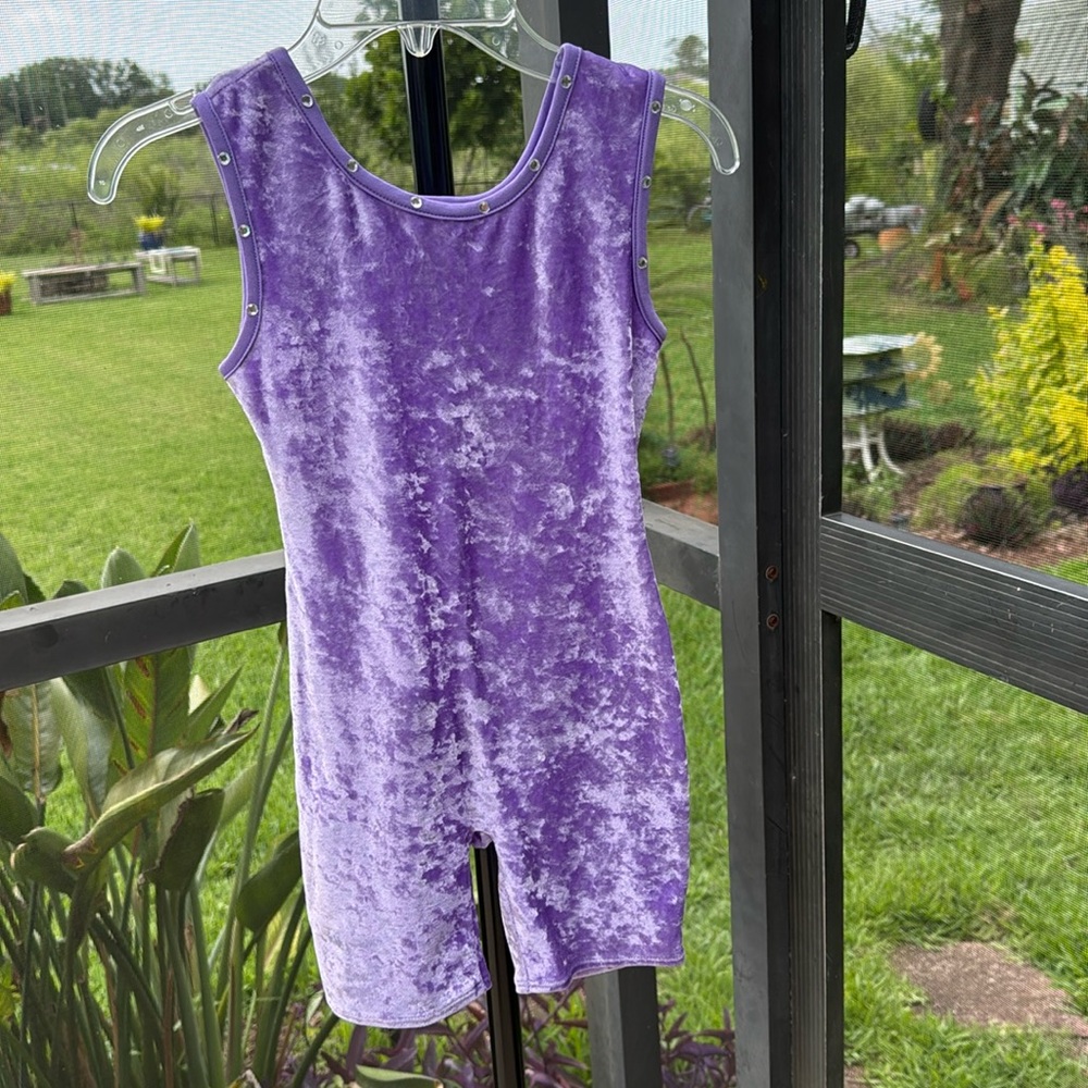 J Moret girls purple  rushed velvet unitard / Leotard medium 7/8